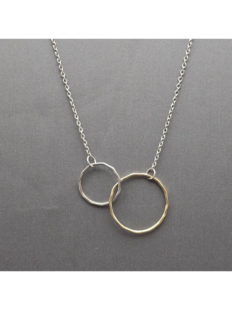Sterling Silver Vermeil Interlocking Circles Necklace 16"-18" Modernist Hammered